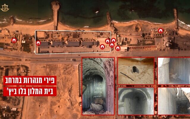 This infographic released by the IDF on January 5, 2024, shows the locations of Hamas tunnels in the area of northern Gaza's Blue Beach Resort (Israel Defense Forces)