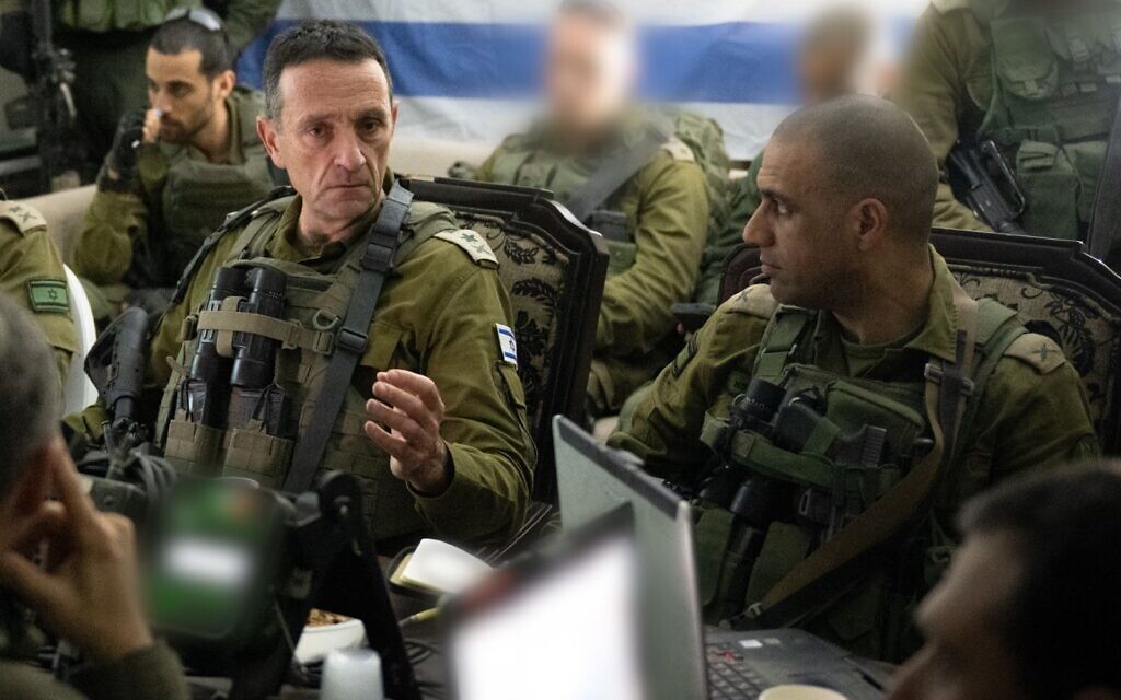 IDF Chief of Staff Lt. Gen. Herzi Halevi (left) speaks to commanders in the central Gaza Strip, January 10, 2024. (Israel Defense Forces)