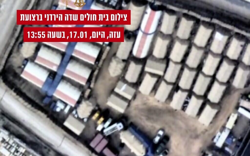 An aerial view of Jordan's field hospital in southern Gaza's Khan Younis on January 17, 2024, at 1:55 p.m., in footage released by the Israel Defense Forces later the same day. (IDF)