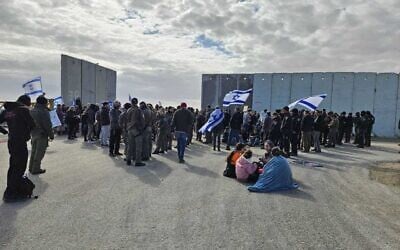 Activists from 'Tzav 9' block the Kerem Shalom crossing with southern Gaza to prevent humanitarian aid from entering the Strip, January 28, 2024. (Courtesy: Tzav 9)