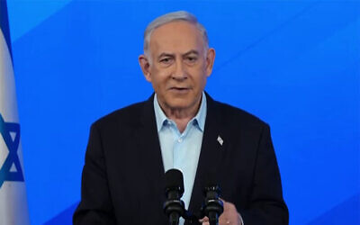 Prime Minister Benjamin Netanyahu speaks to reporters during a press conference in Tel Aviv on January 13 2024. (Screen capture/YouTube)