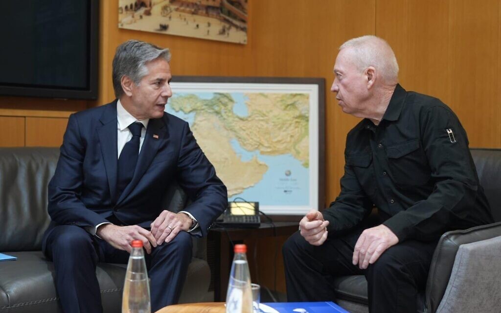 Defense Minister Yoav Gallant (right) meets with US Secretary of State Antony Blinken at the Kirya military HQ in Tel Aviv, January 9, 2024. (Elad Malka/ Defense Ministry)