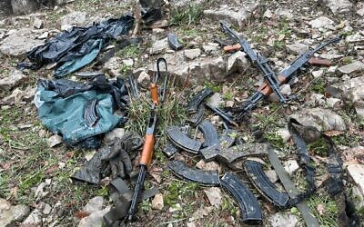 Weapons found on the bodies of gunmen who infiltrated into Israeli territory from Lebanon early January 14, 2024. (Israel Defense Forces)