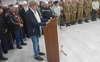 Israeli Druze poet Suleiman Daghash eulogizing his grandchild Sufian Daghash, an IDF soldier killed in Gaza, at his funeral in the northern Israeli city of Maghar, January 6, 2024 (Social media; used in accordance with Clause 27a of the Copyright Law)