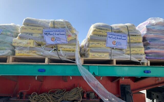 One of the humanitarian aid shipments awaiting entry into Gaza following an Israeli security check on January 10, 2024 at the Kerem Shalom border crossing. (Charlie Summers/Times of Israel)