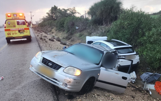 Magen David Adom paramedics respond to a fatal car crash on Route 34 between Kibbutz Yad Mordechai and Kibbutz Erez in which 5 people were injured and one was killed, on January 14, 2024 (Magen David Adom). Magen David Adom paramedics respond to a fatal car crash on Route 34 between Kibbutz Yad Mordechai and Kibbutz Erez in which 5 people were injured and one was killed, on January 14, 2024 (Magen David Adom).