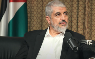 Khaled Mashal, member of Hamas's political bureau, speaks to Kuwaiti podcaster Ammar Taqi on January 16, 2024 (Video screenshot)