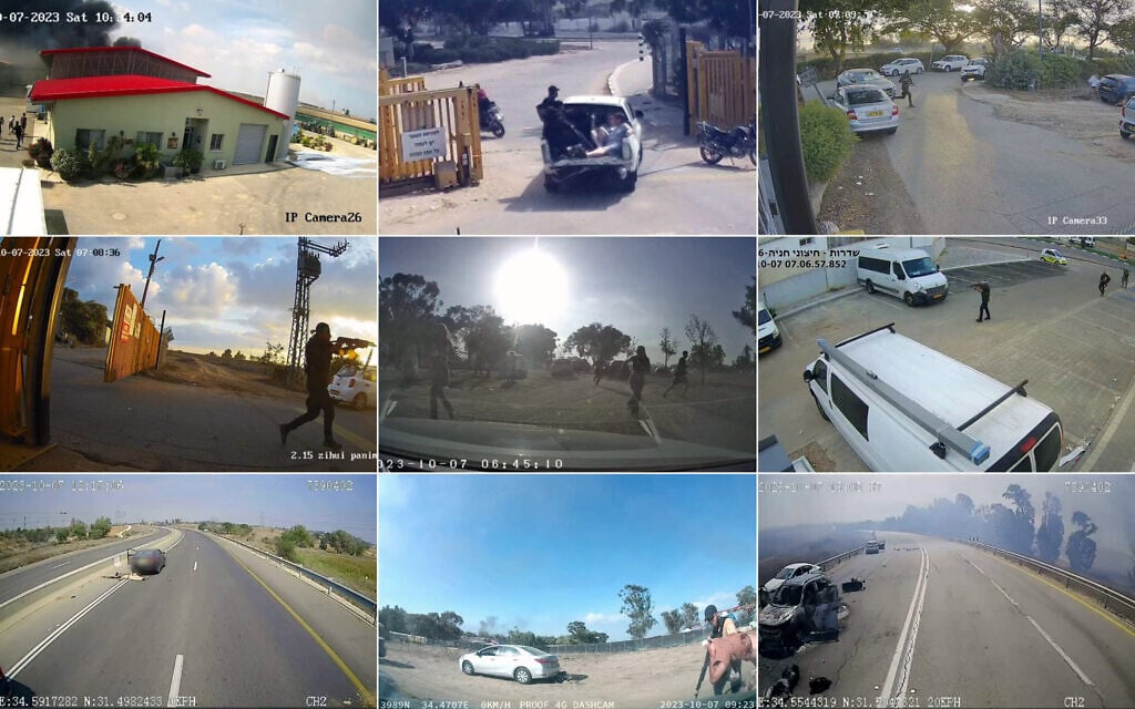 A collage of screen captures from videos recorded on October 7, 2023 showing Hamas attacks across southern Israel. A collage of screen captures from videos recorded on October 7, 2023 showing Hamas attacks across southern Israel.