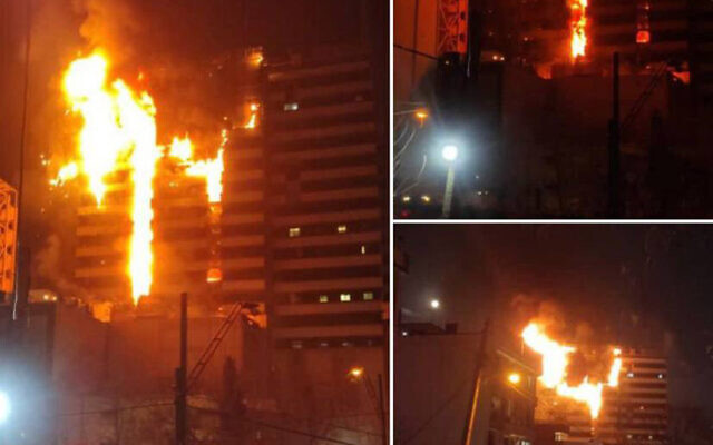 A fire erupts at Gandhi Hospital in Tehran, Iran, shown in images released by Iran’s government-run news agency, January 25, 2024. (IRIB/Telegram: used in accordance with Clause 27a of the Copyright Law) A fire erupts at Gandhi Hospital in Tehran, Iran, shown in images released by Iran’s government-run news agency, January 25, 2024. (IRIB/Telegram: used in accordance with Clause 27a of the Copyright Law)