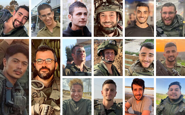 Top Row (from L-R): Cpt. (res.) Ariel Mordechay Wollfstal, 28; Master Sgt. (res.) Elkana Vizel, 35; Cpt. (res.) Nir Binyamin, 29; Sgt. Maj. (res.) Mark Kononovich, 35; Sgt. First Class (res.) Sagi Idan, 24; Sgt. First Class (res.) Israel Socol, 24: Middle Row (from L-R): Sgt. First Class (res.) Hadar Kapeluk, 23; Sgt. Maj. (res.) Matan Lazar, 32; Sgt. First Class (res.) Elkana Yehuda Sfez, 25; Sgt. First Class (res.) Ahmad Abu Latif, 26: Bottom Row (from L-R): Sgt. First Class (res.) Cedrick Garin, 23; Sgt. Maj. (res.) Sergey Gontmaher, 37; Sgt. Maj. (res.) Rafael Elias Mosheyoff, 33; Sgt. First Class (res.) Nicholas Berger, 22; Master Sgt. (res.) Yoav Levi, 29; Sgt. First Class (res.) Yuval Lopez, 27