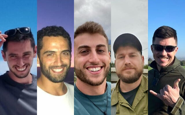 L-R: Master Sgt. (res.) Amit Shahar; Cpt. (res.) Ron Efrimi; Master Sgt. (res.) Roi Avraham Maimon; Sgt. Maj. (res.) Akiva Yasinskiy; and Cpt. (res.) Denis Krokhmalov Veksler, killed in Gaza on January 8, 2024. (Israel Defense Forces)