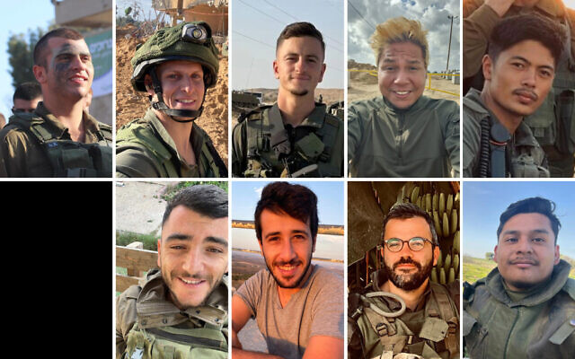 Top row (L-R) Sgt. First Class (res.) Hadar Kapeluk, 23; Sgt. Maj. (res.) Matan Lazar, 32; Sgt. First Class (res.) Nicholas Berger, 22; Sgt. Maj. (res.) Rafael Elias Mosheyoff, 33; Sgt. First Class (res.) Cedrick Garin, 23: Top row (L-R) Sgt. First Class (res.) Elkana Yehuda Sfez, 25; Master Sgt. (res.) Yoav Levi, 29; Sgt. Maj. (res.) Sergey Gontmaher, 37; Sgt. First Class (res.) Yuval Lopez, 27. Top row (L-R) Sgt. First Class (res.) Hadar Kapeluk, 23; Sgt. Maj. (res.) Matan Lazar, 32; Sgt. First Class (res.) Nicholas Berger, 22; Sgt. Maj. (res.) Rafael Elias Mosheyoff, 33; Sgt. First Class (res.) Cedrick Garin, 23: Top row (L-R) Sgt. First Class (res.) Elkana Yehuda Sfez, 25; Master Sgt. (res.) Yoav Levi, 29; Sgt. Maj. (res.) Sergey Gontmaher, 37; Sgt. First Class (res.) Yuval Lopez, 27.