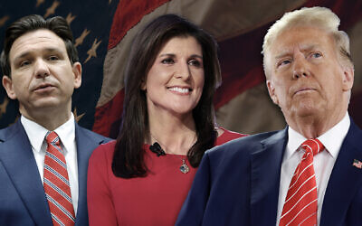 Ron De Santis, Nikki Haley and Donald Trump. (Photos by Getty Images/Background by Samuel Branch on Unsplash/via JTA)