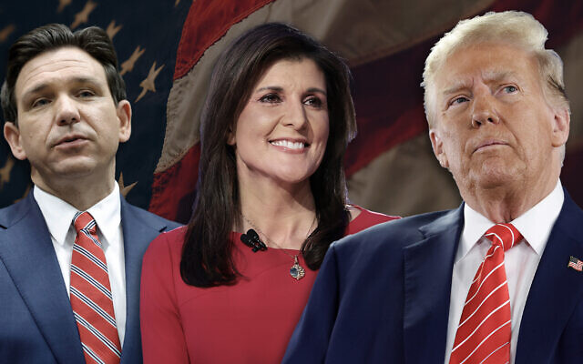 Ron De Santis, Nikki Haley and Donald Trump. (Photos by Getty Images/Background by Samuel Branch on Unsplash/via JTA)