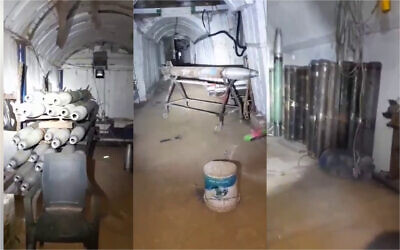 These images from a video released by the IDF on January 18, 2024, show an underground Hamas rocket manufacturing plant beneath central Gaza. (Israel Defense Forces)