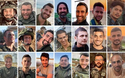 Soldiers killed in the central Gaza Strip on January 22, 2024: Top (L-R): Sgt. Maj. (res.) Mark Kononovich, Sgt. First Class (res.) Israel Socol, Sgt. Maj. (res.) Adam Bismut, Sgt. Maj. (res.) Shay Biton Hayun, Sgt. Maj. (res.) Itamar Tal, Sgt. Maj. (res.) Daniel Kasau Zegeye, Sgt. First Class (res.) Cedrick Garin; middle: Sgt. First Class (res.) Hadar Kapeluk, Sgt. Maj. (res.) Matan Lazar, Cpt. (res.) Ariel Mordechay Wollfstal, Master Sgt. (res.), Elkana Vizel, Cpt. (res.) Nir Binyamin, Sgt. First Class (res.) Sagi Idan, Sgt. First Class (res.) Ahmad Abu Latif; bottom: Sgt. Maj. (res.) Rafael Elias Mosheyoff, Sgt. First Class (res.) Nicholas Berger, Master Sgt. (res.) Yoav Levi, Sgt. First Class (res.) Yuval Lopez, Sgt. First Class (res.) Elkana Yehuda Sfez, Sgt. Maj. (res.) Sergey Gontmaher, Sgt. Maj. (res.) Barak Haim Ben Valid. (Israel Defense Forces, courtesy; combo image: Times of Israel)