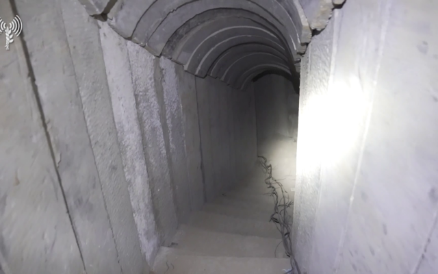 This image from video published January 11, 2024, shows a Hamas tunnel in southern Gaza's Khan Younis where the IDF believes hostages were held by the terror group. (Israel Defense Forces)