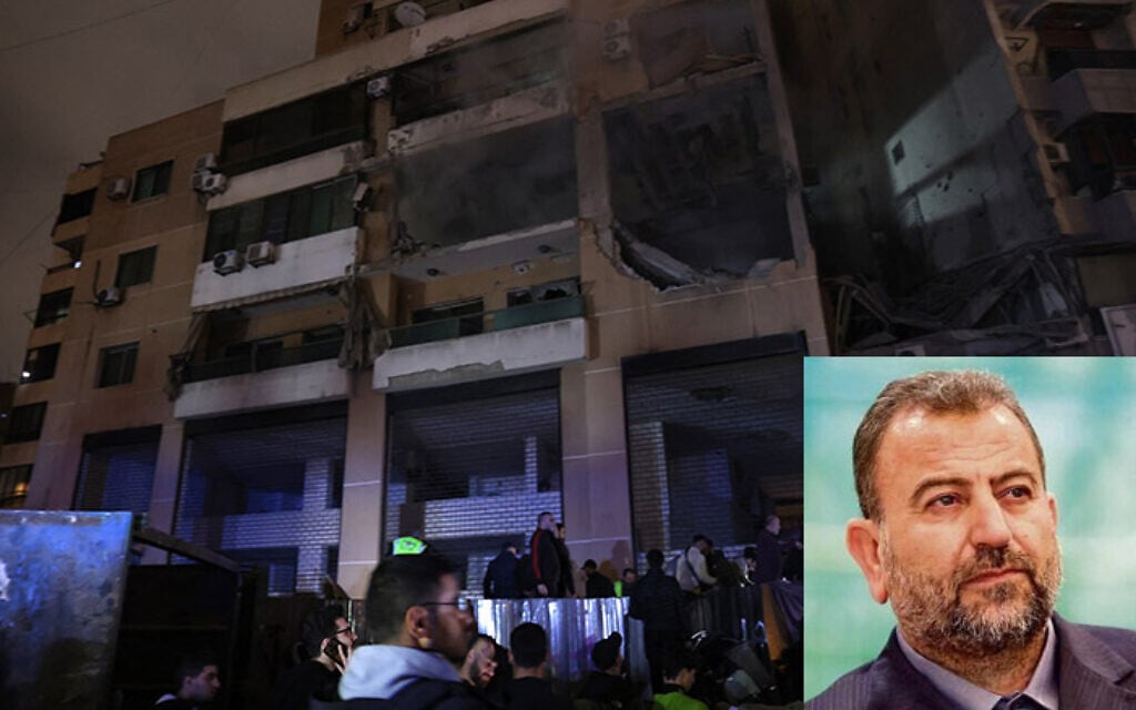 People gather at the site of a strike, reported by Lebanese media to be an Israeli strike targeting a Hamas office in the southern suburb of Beirut on January 2, 2024; Inset: Hamas deputy leader Saleh al-Arouri, who was killed in the blast. (Anwar Amro/AFP; social media)