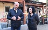 Oracle CEO Safra Catz (right) during a visit to Kibbutz Kfar Aza with Knesset Speaker Amir Ohana, January 2024. (Courtesy)