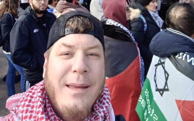 Jeffrey Stevens at an anti-Israel rally in a photo posted to his public Facebook account on January 23. (Facebook/used in accordance with Clause 27a of the Copyright Law) Jeffrey Stevens at an anti-Israel rally in a photo posted to his public Facebook account on January 23. (Facebook/used in accordance with Clause 27a of the Copyright Law)