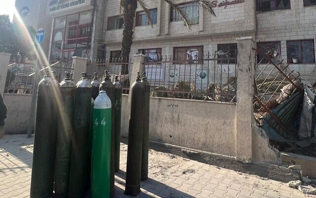 Oxygen tanks delivered by the IDF to Al-Amal Hospital in southern Gaza's Khan Younis, February 10, 2024. (Israel Defense Forces) Oxygen tanks delivered by the IDF to Al-Amal Hospital in southern Gaza's Khan Younis, February 10, 2024. (Israel Defense Forces)