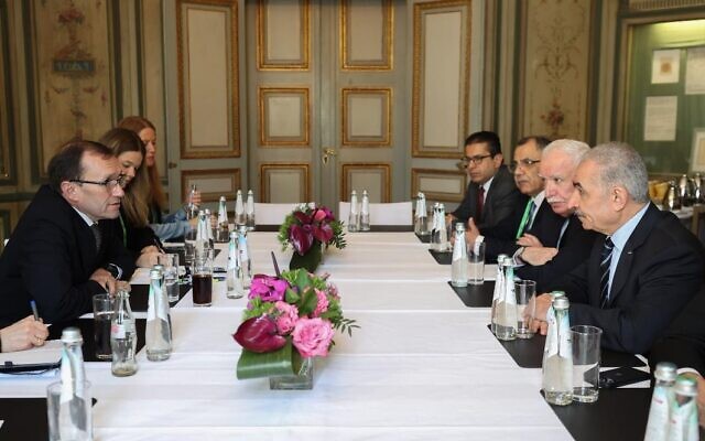 Palestinian Authority Prime Minister Mohammed Shtayyeh meets at the headquarters of the Munich Security Conference with Norwegian Foreign Minister Espen Barth Eide on February 18, 2024. (Wafa) Palestinian Authority Prime Minister Mohammed Shtayyeh meets at the headquarters of the Munich Security Conference with Norwegian Foreign Minister Espen Barth Eide on February 18, 2024. (Wafa)