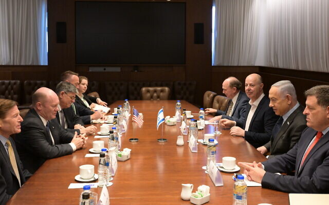 Prime Minster Benjamin Netanyahu meets with a visiting delegation of US Democratic senators in Jerusalem on February 19, 2024 (Amos Ben Gershom/GPO) Prime Minster Benjamin Netanyahu meets with a visiting delegation of US Democratic senators in Jerusalem on February 19, 2024 (Amos Ben Gershom/GPO)