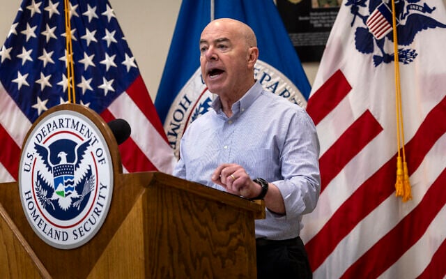 Secretary of Homeland Security Alejandro Mayorkas holds a press conference at a US Border Patrol station in Eagle Pass, Texas, on January 08, 2024. (John Moore/Getty Images/AFP) Secretary of Homeland Security Alejandro Mayorkas holds a press conference at a US Border Patrol station in Eagle Pass, Texas, on January 08, 2024. (John Moore/Getty Images/AFP)