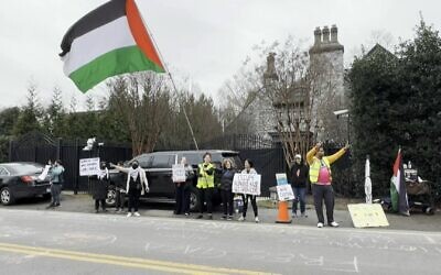 A small group of protesters demonstrate outside the home of US Secretary of State Antony Blinken, Arlington, Virginia, January 28, 2024 (Roberto Schmidt/AFPTV/AFP)