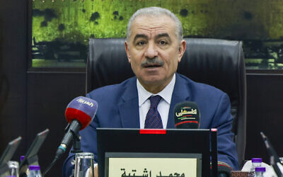 Palestinian Authority Prime Minister Mohammad Shtayyeh chairs a cabinet meeting in Ramallah, January 29, 2024, amid ongoing battles between Israel and the Hamas in Gaza. (Jaafar Ashtiyeh/AFP)