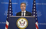 US Secretary of State Antony Blinken addresses a press conference in Tel Aviv, on February 7, 2024. (Mark Schiefelbein / POOL / AFP)