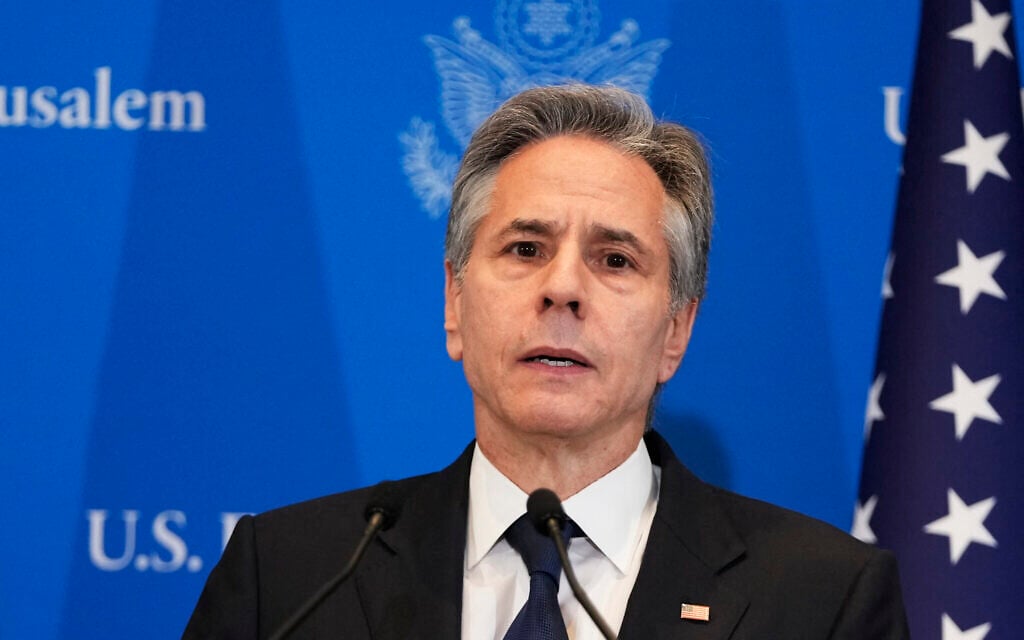 US Secretary of State Antony Blinken speaks during a press conference in Tel Aviv, on February 7, 2024. (Mark Schiefelbein / POOL / AFP)