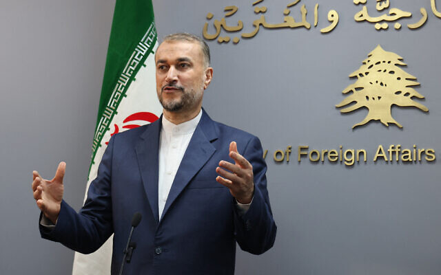Iran's Foreign Minister Hossein Amir-Abdollahian speaks during a press conference with his Lebanese counterpart in Beirut on February 10, 2024. (Anwar AMRO / AFP) Iran's Foreign Minister Hossein Amir-Abdollahian speaks during a press conference with his Lebanese counterpart in Beirut on February 10, 2024. (Anwar AMRO / AFP)