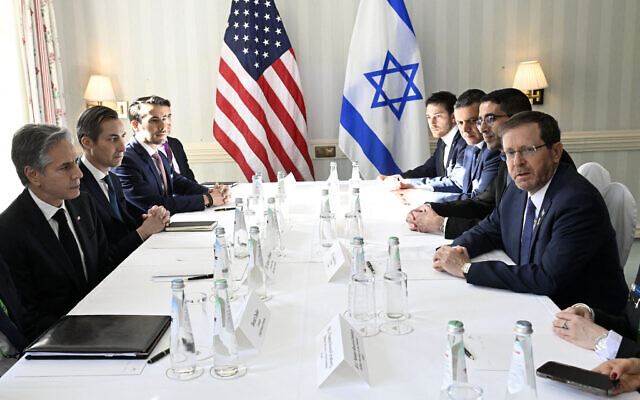 US Secretary of State Antony Blinken (L), President Isaac Herzog (R) and members of their delegations meet meeting during the Munich Security Conference in Munich, southern Germany on February 17, 2024. (Thomas Kienzle/Pool/AFP) US Secretary of State Antony Blinken (L), President Isaac Herzog (R) and members of their delegations meet meeting during the Munich Security Conference in Munich, southern Germany on February 17, 2024. (Thomas Kienzle/Pool/AFP)