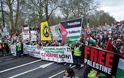 Pro-Palestinian activists and supporters wave flags and carry placards during a National March for Palestine in central London on February 17, 2024. (JUSTIN TALLIS / AFP)