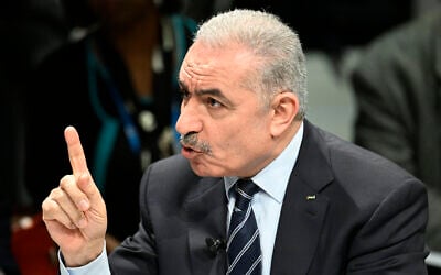 PA Prime Minister Mohammad Shtayyeh speaks during a townhall meeting at the 60th Munich Security Conference in Munich, Germany, on February 18, 2024. (THOMAS KIENZLE / AFP)