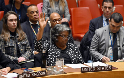 File - US Ambassador to the UN Linda Thomas-Greenfield casts a veto vote during a UN Security Council meeting on the Israel-Hamas war, at UN Headquarters in New York City on February 20, 2024. (Angela Weiss/AFP)