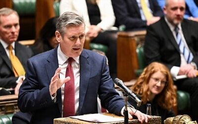 Britain's main opposition Labour Party leader Keir Starmer speaking during the weekly session of Prime Minister's Questions (PMQs) in the House of Commons, in central London on February 21, 2024. (Jesica Taylor/UK Parliament/AFP)