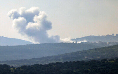 Smoke billowing above the Lebanese village of Blida during Israeli airstrikes on February 22, 2024. (Jalaa MAREY / AFP)