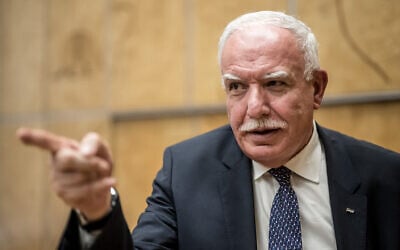 Palestinian Authority Foreign Minister Riyad al-Maliki speaks during a press conference on the sideline of the 55th session of the Human Rights Council in Geneva on February 28, 2024. (Fabrice COFFRINI / AFP)