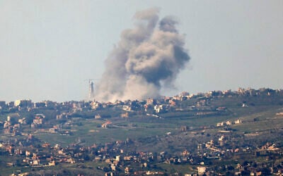 Illustrative: This picture taken from Israel along the border with southern Lebanon shows smoke billowing above the Lebanese village of Bint Jbeil during Israeli airstrikes on February 28, 2024, amid ongoing cross-border tensions between Israel and the Hezbollah terror group. (Jalaa Marey/AFP)
