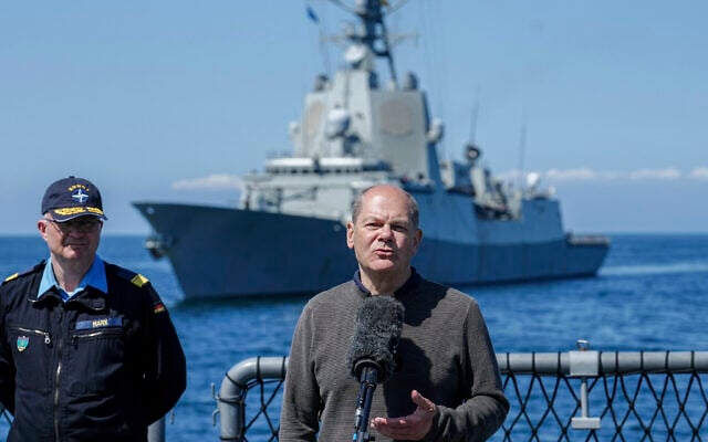 German Chancellor Olaf Scholz gives a press statement on the frigate "Mecklenburg-Vorpommern" after his visit to the German Navy in Rostock-Warnemünde Monday, June 5, 2023. (Kay Nietfeld/dpa pool via AP)