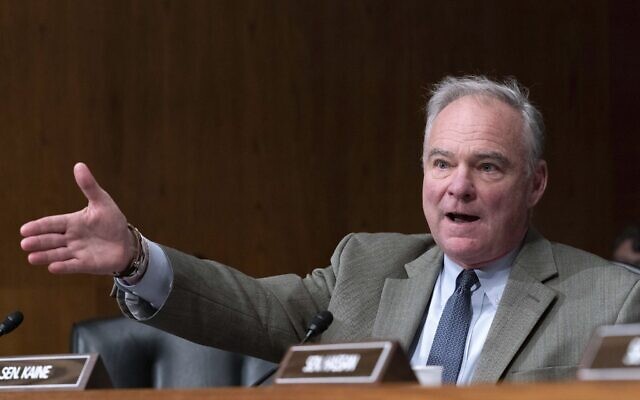 Sen. Tim Kaine speaks during a Senate committee hearing, June 8, 2023. (AP Photo/Jose Luis Magana)
