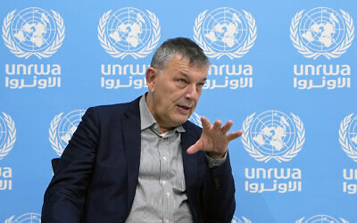 UNRWA chief Philippe Lazzarini speaks during an interview with The Associated Press at the UNRWA headquarters in Beirut, Lebanon, December 6, 2023. (AP Photo/Bilal Hussein)