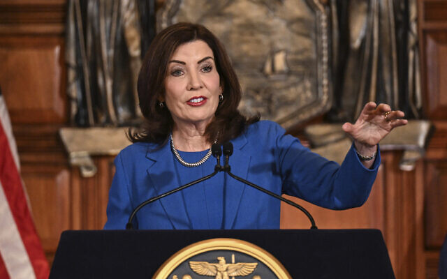 New York Gov. Kathy Hochul in the Red Room at the state Capitol in Albany, New York, January 16, 2024. (Hans Pennink/AP) New York Gov. Kathy Hochul in the Red Room at the state Capitol in Albany, New York, January 16, 2024. (Hans Pennink/AP)
