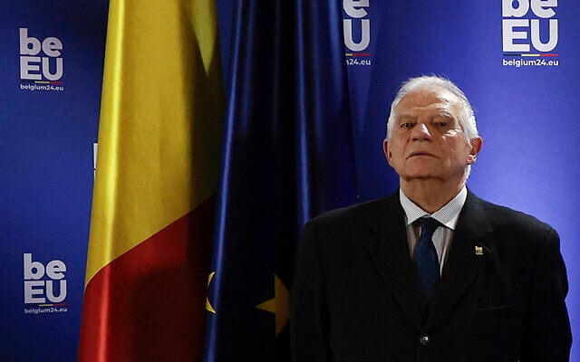 European Union foreign policy chief Josep Borrell poses for a photo after a meeting of EU foreign ministers at the Egmont Palace in Brussels, February 3, 2024. (AP Photo/Omar Havana)