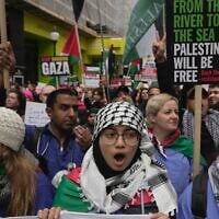 Protesters hold up banners, flags and placards during an anti-Israel demonstration in London, February 3, 2024  (AP Photo/Kin Cheung)