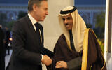 US Secretary of State Antony Blinken (left) is greeted by Saudi Arabia's Foreign Minister Prince Faisal bin Farhan Al-Saud, in Riyadh, Saudi Arabia, February 5, 2024. (AP Photo/Mark Schiefelbein, Pool)