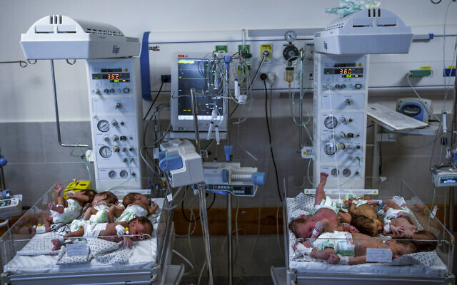 Illustrative: Premature babies are prepared for transport to Egypt after they were evacuated from Shifa Hospital in Gaza City to a hospital in Rafah, Gaza Strip on Nov. 20, 2023. (AP Photo/Fatima Shbair, File) Illustrative: Premature babies are prepared for transport to Egypt after they were evacuated from Shifa Hospital in Gaza City to a hospital in Rafah, Gaza Strip on Nov. 20, 2023. (AP Photo/Fatima Shbair, File)