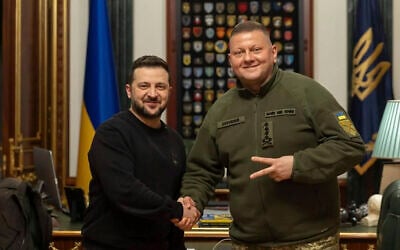 In this photo provided by the Ukrainian Presidential Press Office, Ukrainian President Volodymyr Zelensky, left, shake hand with Commander-in-Chief of Ukraine's Armed Forces Valerii Zaluzhnyi during their meeting in Kyiv, Ukraine, February 8, 2024. (Ukrainian Presidential Press Office via AP)